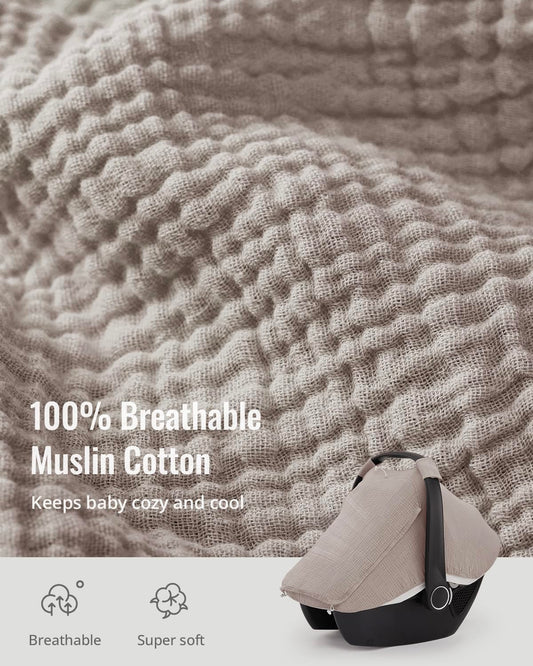 Blissful Diary Baby Car Seat Cover, Extra Large Mesh Window, Breathable Muslin Cotton, Infant Windproof Canopy, Agreeable Gray