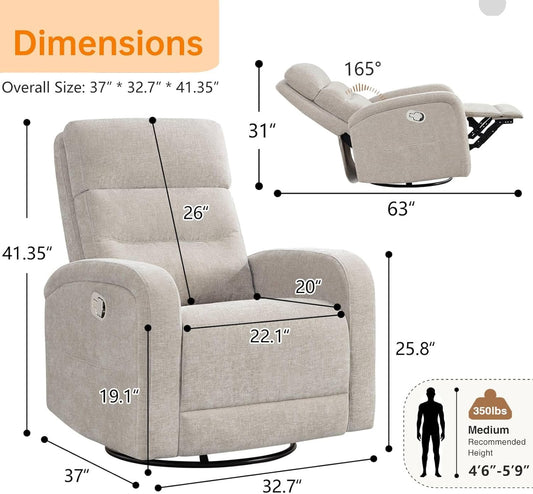 Power Swivel Rocker Recliner Chair for Nursery, Swivel Reclining Rocking Chairs, Electric Glider for Living Room, Upholstered Recliner Chairs for Bedroom, Corduroy White