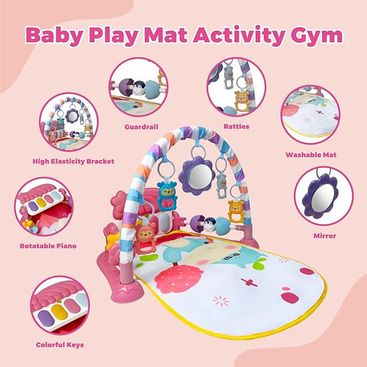 Cuterabit Baby Gym Play Mat, Musical Activity Center for Baby, Kick and Play Piano Gym, Tummy Time Play Mat for Newborn Babies Infants Boys Girls 0-3-6-9-12 Months (Pink)