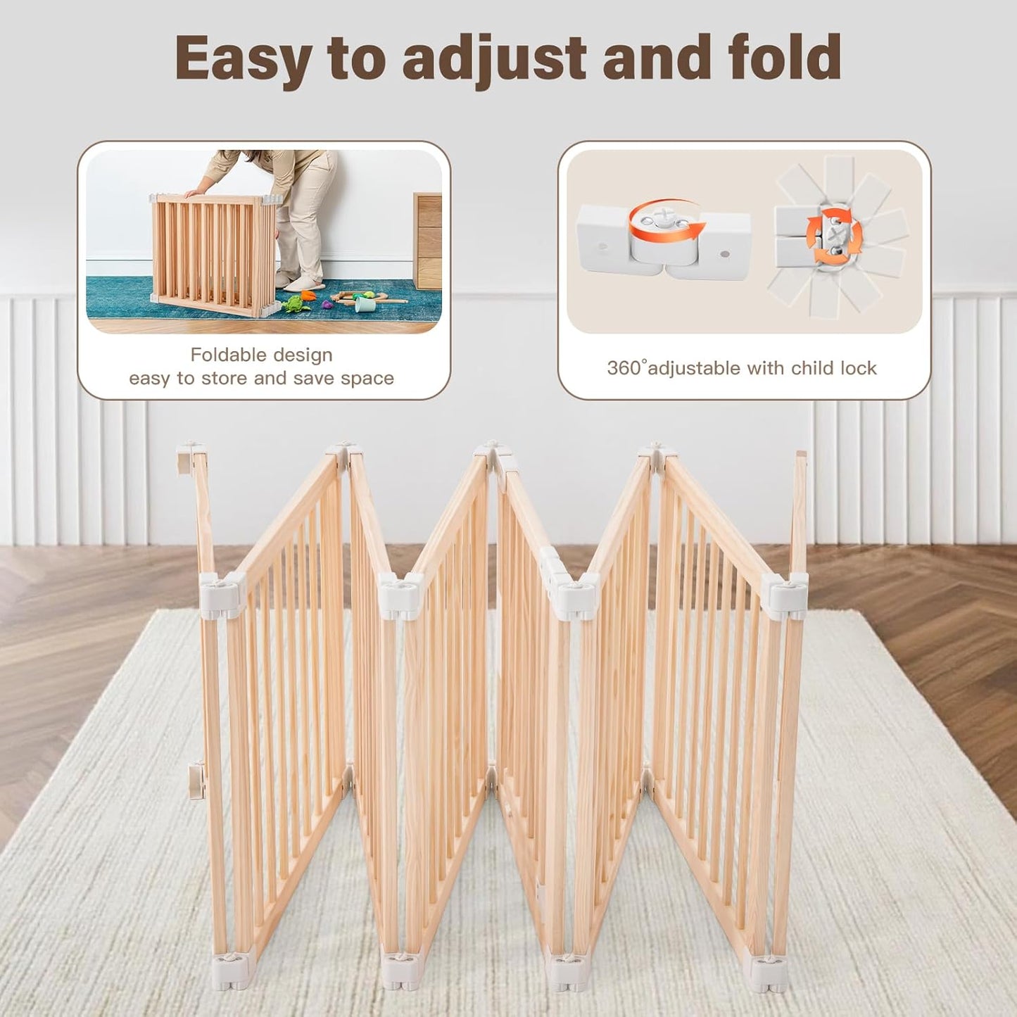 Foldable Wooden Playpen-51x51x25in-Large Baby Gate Playpen with Child-Proof Lock-Easy Assembly, Portable Design for Babies & Toddlers- Shape& Size Adjustable Baby Fence Play Area (Wood, 6 Panel)