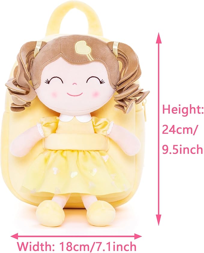 Gloveleya Back to School Gifts for Girls Toddler Backpack Baby Girls Gift Plush Bag Diaper Bag with Spring Girl Doll Curly Hair Girl Toys with Love Yellow 9 Inches