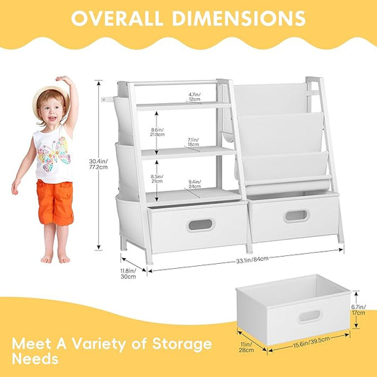 Homeiju Kids Bookshelf and Toy Storage Organizer, 3 Tier Kids Bookcase, Sling Bookshelf and 2 Toy Bins with Toy Storage Organizer for Children Room, Playroom, Nursery, White