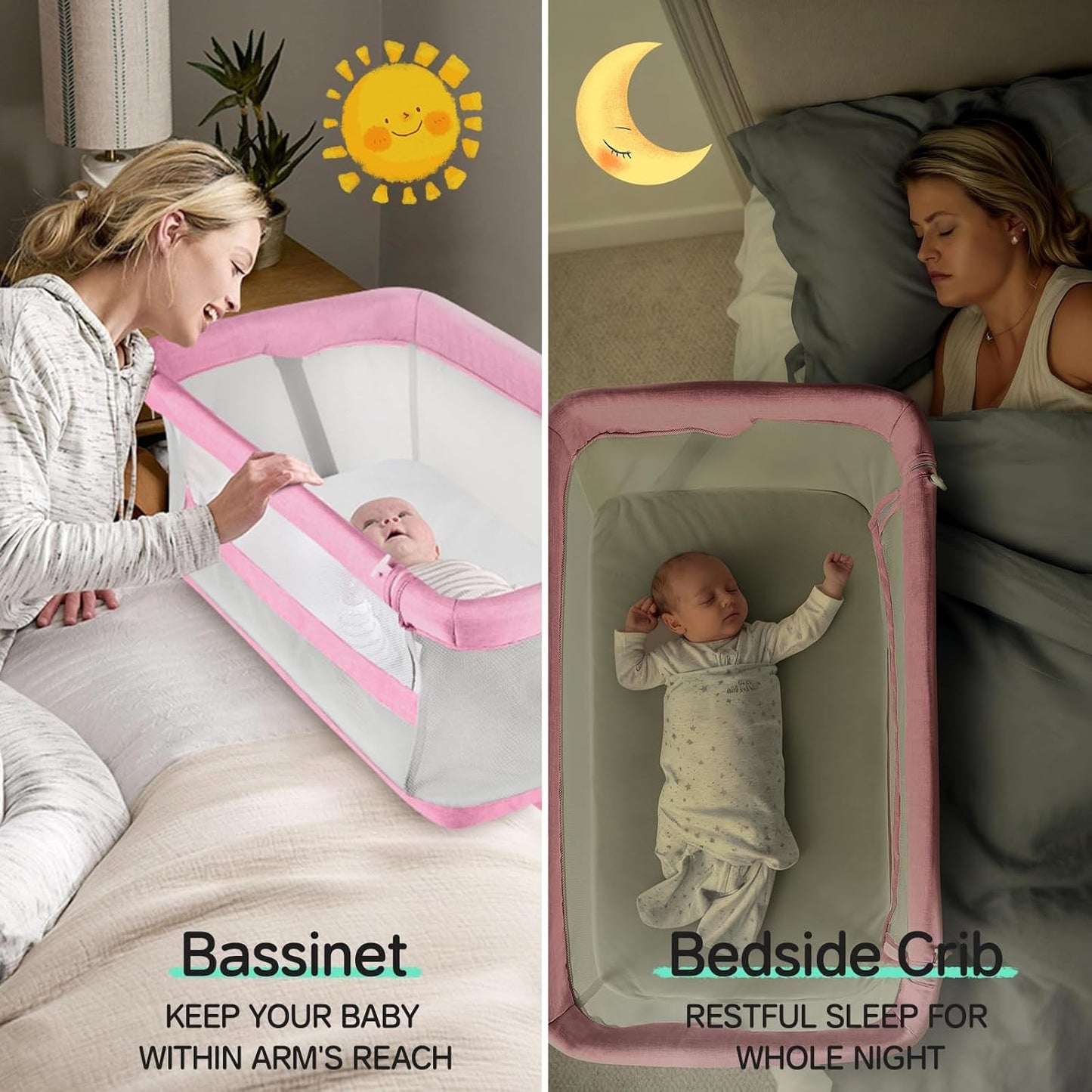 Cowiewie Bassinet Bedside Sleeper,Baby Bassinet Slides Over Bed,5-Position Height Adjustment & Breathable All-Mesh Wall Bedside Bassinet for Baby,Space-Saving Bedside Crib, Height(37.4-41.3") (Beige)
