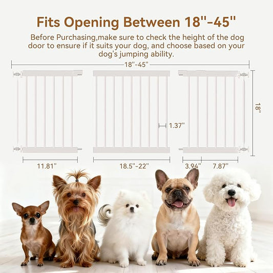 Dog Gate Indoor,18"-45" Adjustable Extra Wide Metal Short Dog Gate to Step Over, 18" Tall Small Pet Gate with 3 Extension Kits, Pressure Mounted for Doorways & Stairs