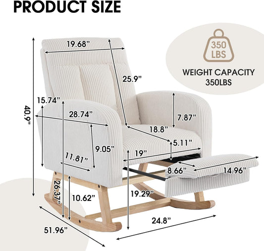 NIOIIKIT Nursery Rocking Chair, Corduroy Upholstered Rocking Chair with Adjustable Footrest, Tufted Rocker Chair with Side Pocket, Glider Rocker for Living Room, Bedroom (Cream Retro)