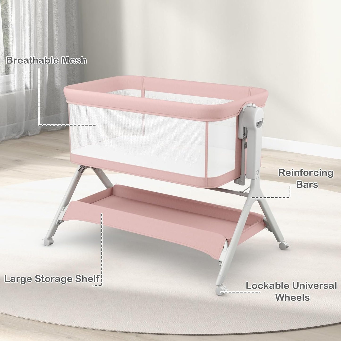 INFANS 5 in 1 Baby Bassinet, Upgraded Rocking Bedside Sleeper with Wheels, Storage Basket, Travel Bag, Mosquito Net, Height Adjustable, Portable All Mesh Crib for Newborn/Infant (Pink)