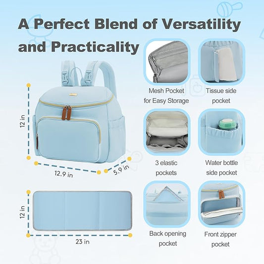 Compact Diaper Bag Backpack – Lightweight & Waterproof Baby Bag for Moms & Dads, Includes Changing Pad & Stroller Straps, Small Travel Diaper Backpack for Daily Use –Lt Blue