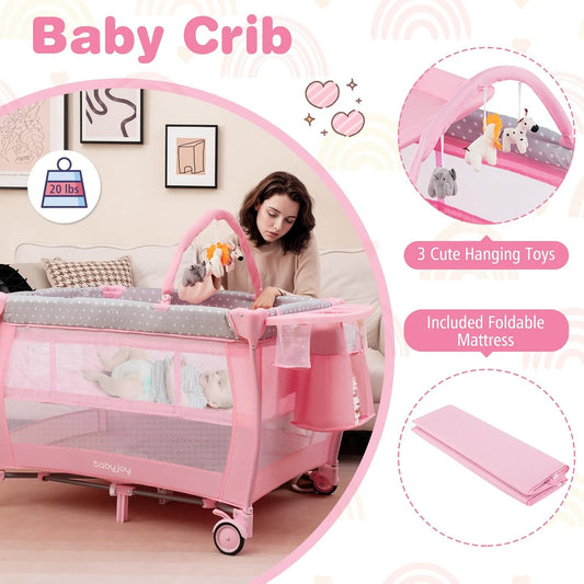 BABY JOY 3 in 1 Portable Pack and Play with Bassinet, Convertible Baby Travel Crib Playard with Changing Table, Brake Wheel, Newborn Napper with Large Capacity Storage Shelf, Oxford Carry Bag