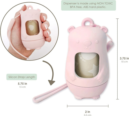 Moodie Teddy Bear Dispenser | Diaper Trash Bags on the Go Dispenser w/Silicon Strap | 15 UNSCENTED Baby Poop Bags per Roll | Dirty Diaper Bag Dispenser Disposable | Diaper Waste Bags (PINK)