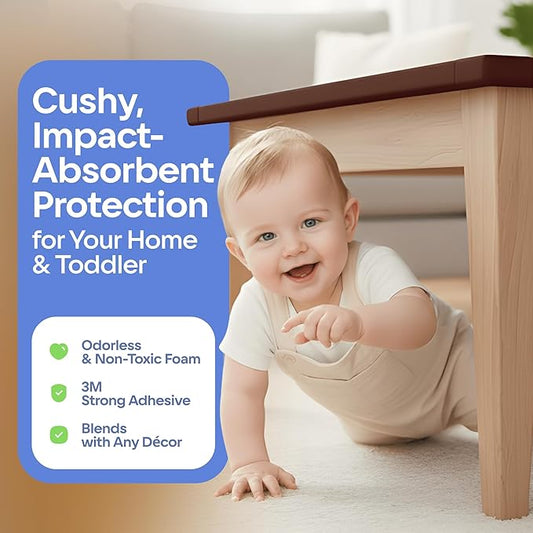 Baby Proofing Kit 18ft Edge Protector & 8 Corner Protectors, Non Toxic & Soft Rubber Foam, Baby Bumper & Corner Covers for Table, Desk, Crib, Fireplace, 3M Adhesive, Brown