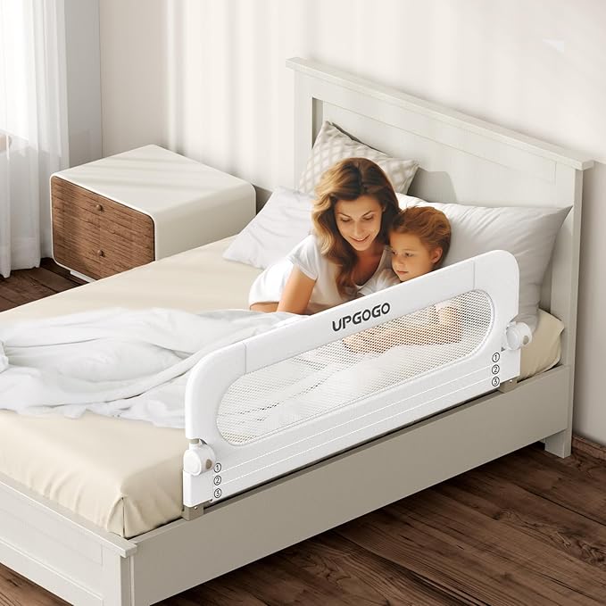 UPGOGO Folding Bed Rail for Toddlers,Baby Bed Rail Guard with Reinforced Anchor Safety System,Fit Bunk,Full Size,Queen,King,Twin(White,43"x23.6")