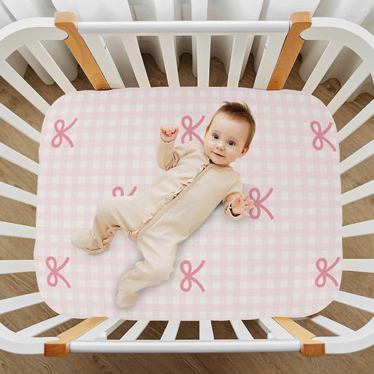 Fitted Crib Sheets Pink Checkered and Bows Stretchy Portable Playard Sheets for Baby Toddler, Breathable Soft Mini Crib Mattress 39 x 27 in for Boys and Girls