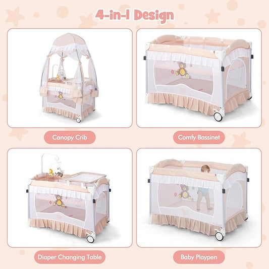 BABY JOY 4 in 1 Pack and Play with Canopy, Portable Baby Playard with Bassinet, Double-Layer Baby Crib, Wheels & Brake, Foldable Baby Girl Pink Bassinet from Newborn to Toddler