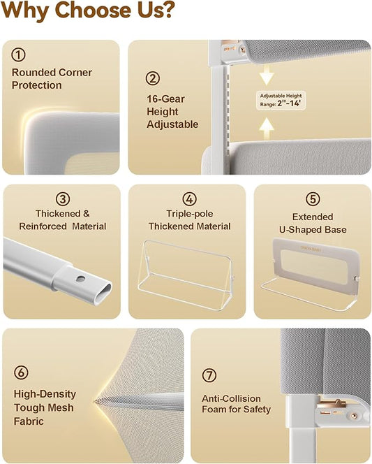 Baby Bed Rail Guard, 59in Thickened Toddler Bed Rail for Toddlers, Extral Tall Swing Down Kids Child Safety Side Railing Guards/Rails for Twin, Full, Queen, King Bunk Size Bed, White/Grey, 27”H