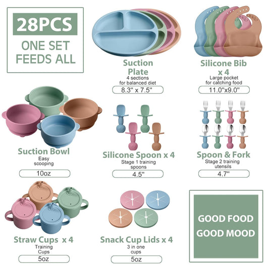 Yinder 32 Pack Silicone Baby Feeding Set Baby LED Weaning Supplies Includes Suction Divided Plates Soft Bowl Spoons Forks Adjustable Bib Snack Cup with Lid and Straws (Soft Color)