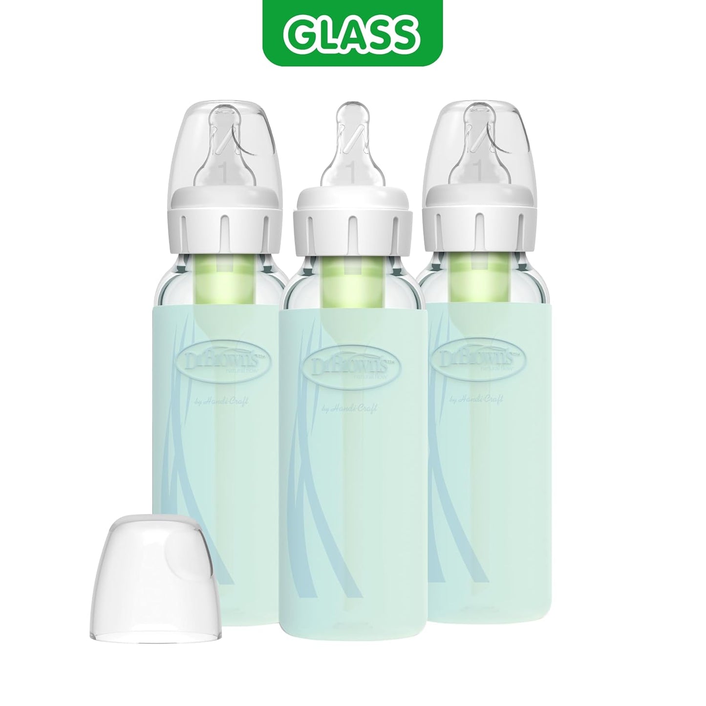Dr. Brown's Anti-Colic Options+ Narrow Glass Baby Bottles 8 oz/250 mL, with Level 1 Slow Flow Nipple, 3 Pack 0m+ with Mint 100% Silicone Sleeves, BPA-Free