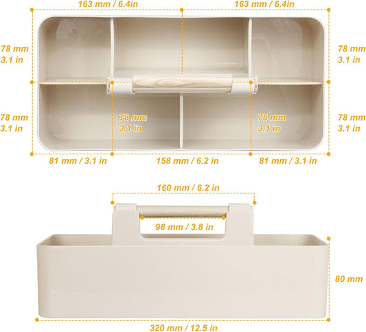 Baby Shower Caddy Plastic Nursery Portable Storage Organizer Caddy Tote for Child/Kids, Divided Basket Bin with Wood Handle for Bathroom, Dorm Room, Holds Hand Soap, Bottles, Spoons (Beige)