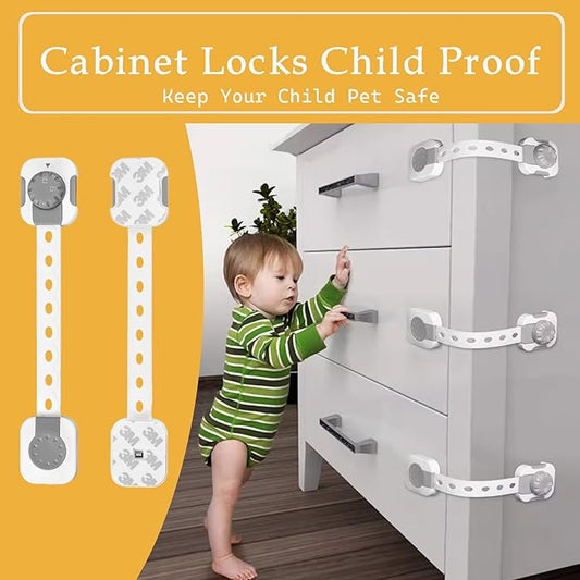Fursafe&Q Child Safety Cabinet Proofing, Baby Cabinet Locks Adhesive Adjustable Child Safety Strap Locks Drawer Fridge Ovens Toilet Latches No Screws for Furniture Kitchen 6 Pack