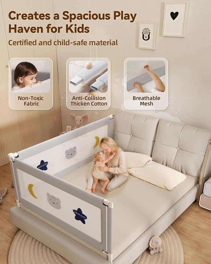 2 Piece Full Size Bed Rails for Toddlers, No-Drill Needed Baby Bed Rail Guard with Height Adjustable, Thickened Child Safety Side Railing Guards/Bedrail for Kids,Grey Star Design, 54x74.8Inches