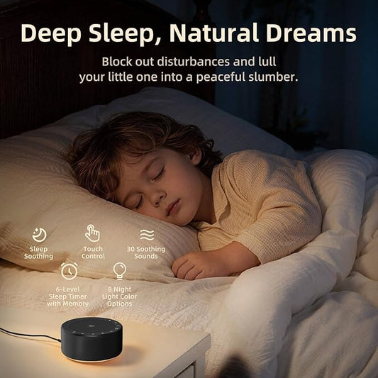 Kipcush White Noise Machine with Night Light – Nursery Sound Machine with Soft Non-Glare Lamp, 30 Soothing Sounds, 8 Color Lights, Up to 8-Hour Timer for Baby & Adults