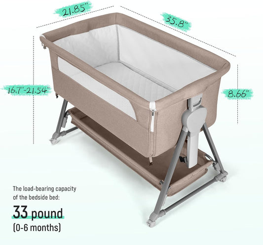 Cowiewie Bassinet Bedside Sleeper, Baby Bassinet with 7 Adjustable Height, Bedside Bassinet for Baby with Storage, Breathable Mesh & Mattress, Portable Bassinet Easy Folding (Pyramid Light Gray)