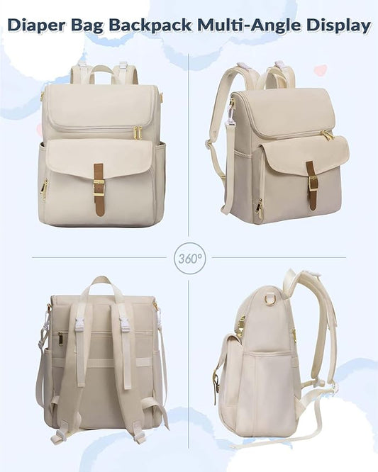 Diaper Bag Backpack, 15 Pockets Baby Bag, Girl Boy Travel Tote Bag with Insulated Pocket, Cute Diaper Bag Stroller Straps, Baby Shower & Registry Gift for Mom Dad Beige