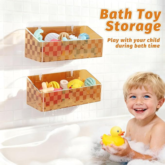 Natheeph Bath Toy Storage Holder, 2 Pack Large Capacity Bath Toy Organizer for Tub Clear Baby Bathtub Toy Storage Multi Use Shower Caddy for Bathroom, Bedroom & More (Brown)