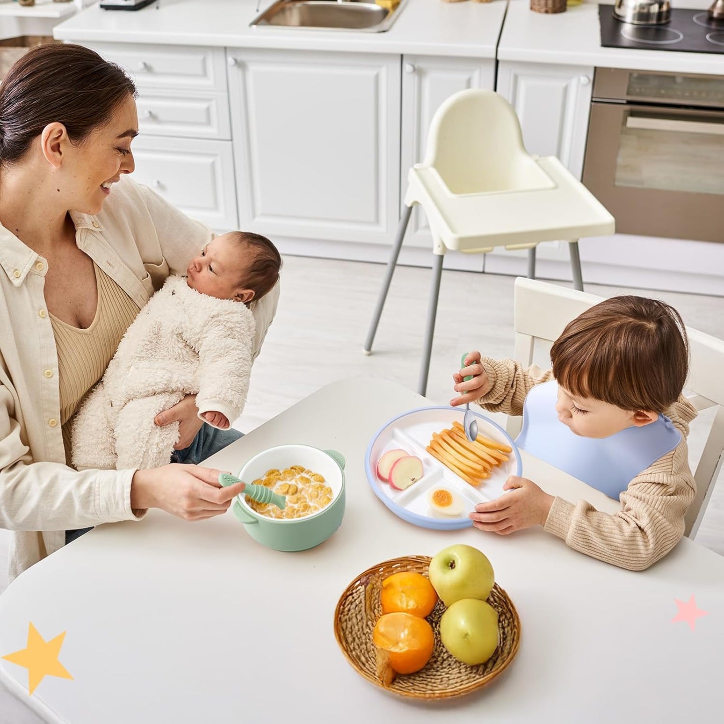 Teenyyou 9 Pcs Porcelain Kids Plates and Bowls Feeding Set with Suction, Ceramic Baby Toddler Divided Plates Silicone Sleeve Bowls Forks Spoons Cup Bib Microwave Dishwasher Safe(Pastels)