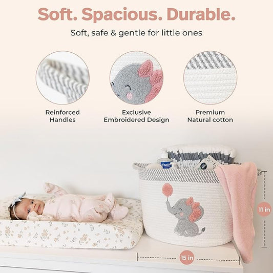 Elephant Storage Basket for Nursery – Large 15”x11” Cotton Rope Bin with Soft Felt Elephant Patch – Toy Organizer, Baby Laundry Hamper, Diaper & Towel Holder – Foldable, Washable & Baby-Safe