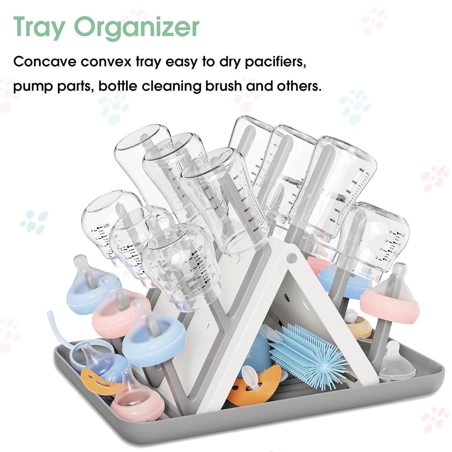 Large Baby Bottle Drying Rack, Space Saving 18 Hooks Slope Travel Bottle Dryer with Removable Drip Tray, Countertop Holder Organizer for Bottles & Baby Brushes Pacifiers and Pump Part-BPA Free