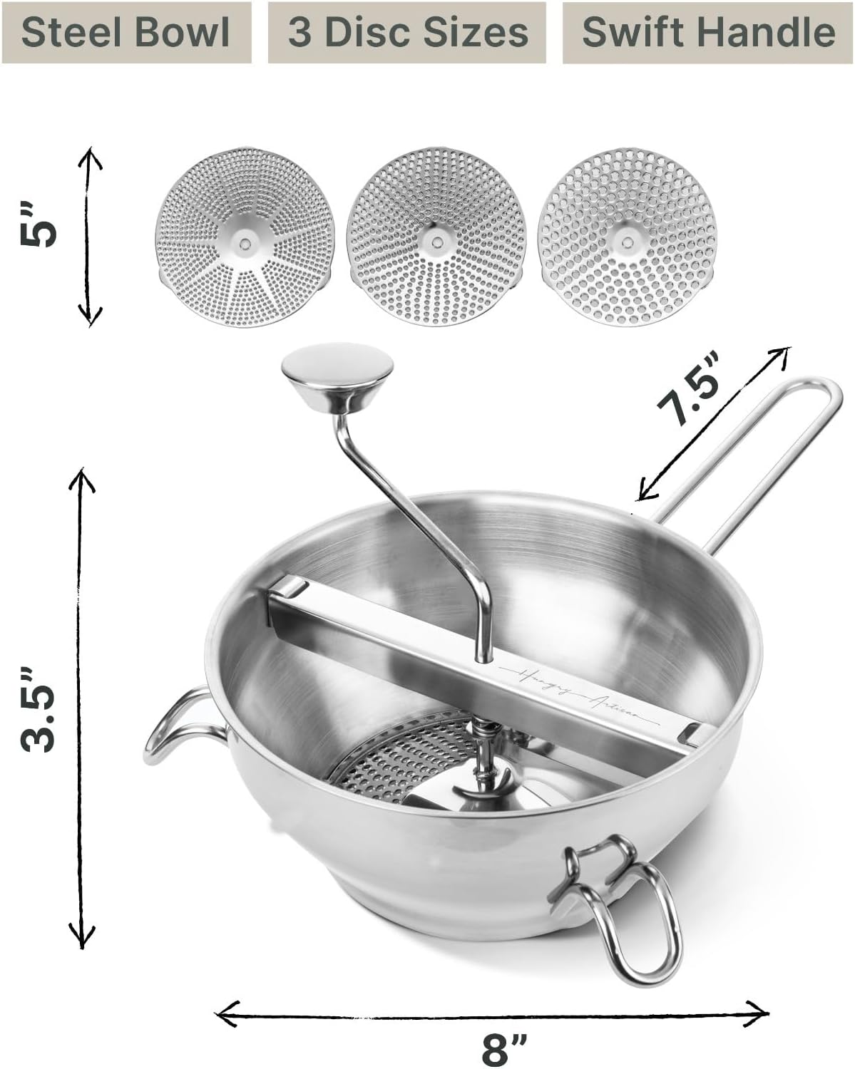 Stainless Steel Food Mill with 3 Discs – Ergonomic Rotary Hand Crank for Tomato Sauce, Applesauce, Baby Food, Mashed Potatoes, Puree & Canning