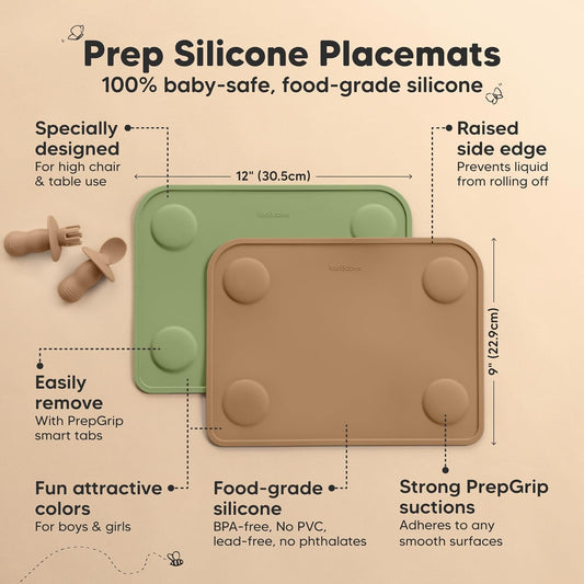 KeaBabies 2pk Silicone Placemats for Toddlers, Kids - 12x9 Non Slip Suction Baby Silicone Placemat for Restaurants, Dining Table,Travel, Easy to Clean, Food Grade/BPA-Free,Small Baby Table Mat(Slate)