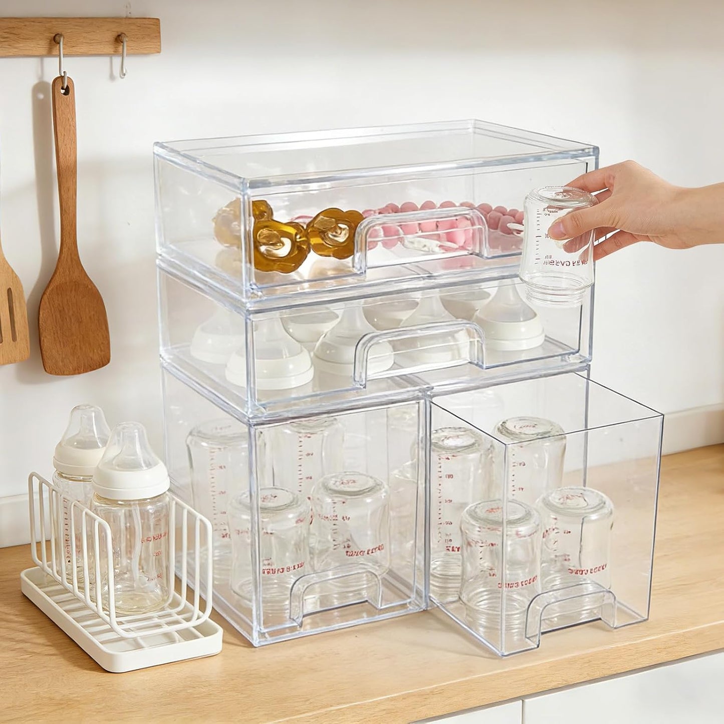 Baby Bottle Organizer, 4 Pack Clear Space-Saving Stackable Drawer with Handle, Baby Bottle Storage Organizer for Countertop and Cabinet
