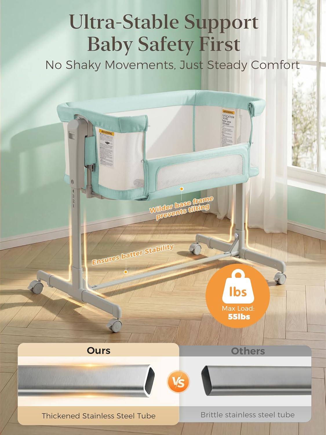 ONTHEWEI Baby Bassinet Bedside Sleeper 3-in-1, Easy Night Feeding with One-Side Fold & Rolling Wheels, Breathable Mesh, 6-Height Adjustable, Soft Mattress for Newborns