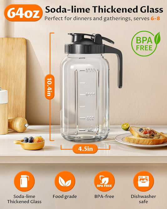 64oz Glass Breast Milk Pitcher with Lid & Pour Spout, 2 Quart Airtight Leakproof BreastMilk Fridge Storage Container - Wide Mouth, Dishwasher Safe Formula Pitcher with Handle