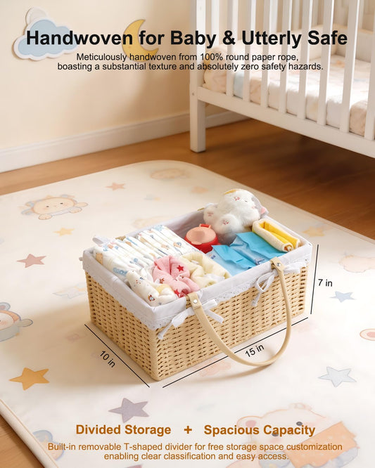 Large Baby Diaper Caddy Basket - Wicker Paper Rope Storage Baskets Portable Woven Car Organizer for Diapers With Cotton Divider Brown