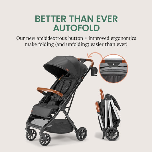 Bombi Bēbee V2 Lightweight Baby Stroller - Premium Vegan Leather, One-Hand Fold, Infinite Recline, Aircraft-Grade Aluminum Frame, XXL Canopy, and Ample Storage Umbrella Stroller - Sand