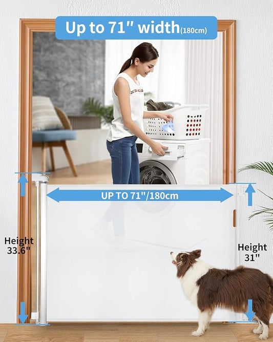 Veraste Retractable Baby Gate for Doorways and Stairs, Mesh Safety Gate for Pet, Indoor & Outdoor Use, One-Hand Operation, Easy Installation, 33.6" Tall, Expands to 71" Wide(White,33.6"x71")