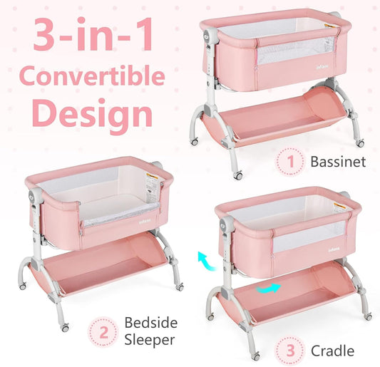 INFANS 3 in 1 Baby Bassinet, Bedside Sleeper, Rocking Cradle, Easy Folding Portable Safer Co-Sleeping Crib with Height Adjustable, Wheels Storage Basket Travel Bag for Infant Newborn (Gray)
