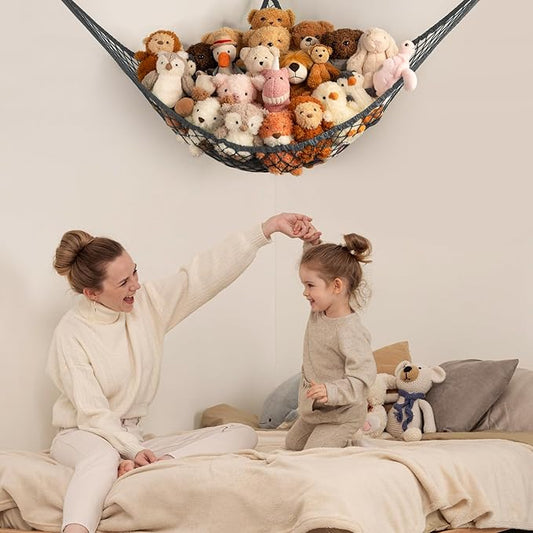 Stuffed Animal Storage Hammock Net Corner - Large Toy Hammock Net for Stuffed Animals Room Decor - Cute Stuff Animal Organizer Holder for Plush Plushie - Kids Baby Nursery Wall Bedroom Home Decor