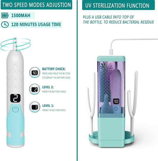 Electric Bottle Brush Cleaner, Portable & Rechargeable Electric Baby Bottle Brush Travel Kit– Nipple & Baby Straw Cleaner Brush,UV sterilized for Moms (Green)