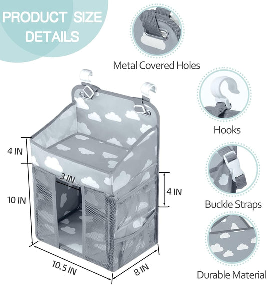 Baby Diaper Caddy Organizer with Cloud Print, Multi-Compartment Nursery Storage Bag with Adjustable Straps, Portable Diaper Stacker for Stroller, Car, Travel, Nursery (Grey)