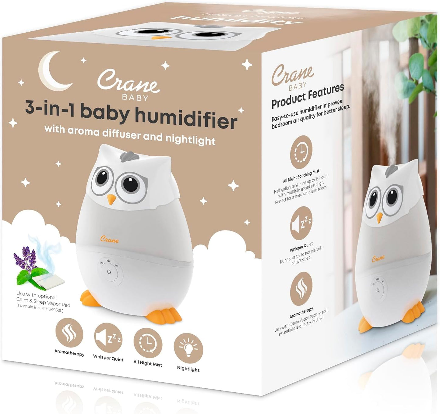 Crane Baby Mini Adorable Snow Owl Baby Humidifier, 0.5 Gal Cool Mist Humidifiers with Aroma Tray and Nightlight, Whisper Quiet Ultrasonic Humidifier for Baby and Toddler Room, Congestion Relief