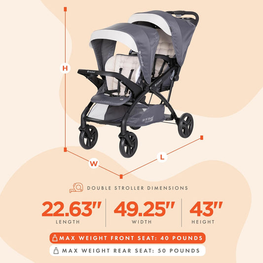 Baby Trend Double Stroller with Canopy Visors, Storage Basket and 2 Cup Holders, Sit N' Stand 2.0 DLX, Stormy – Foldable Infant and Toddler Tandem Stroller and Travel System
