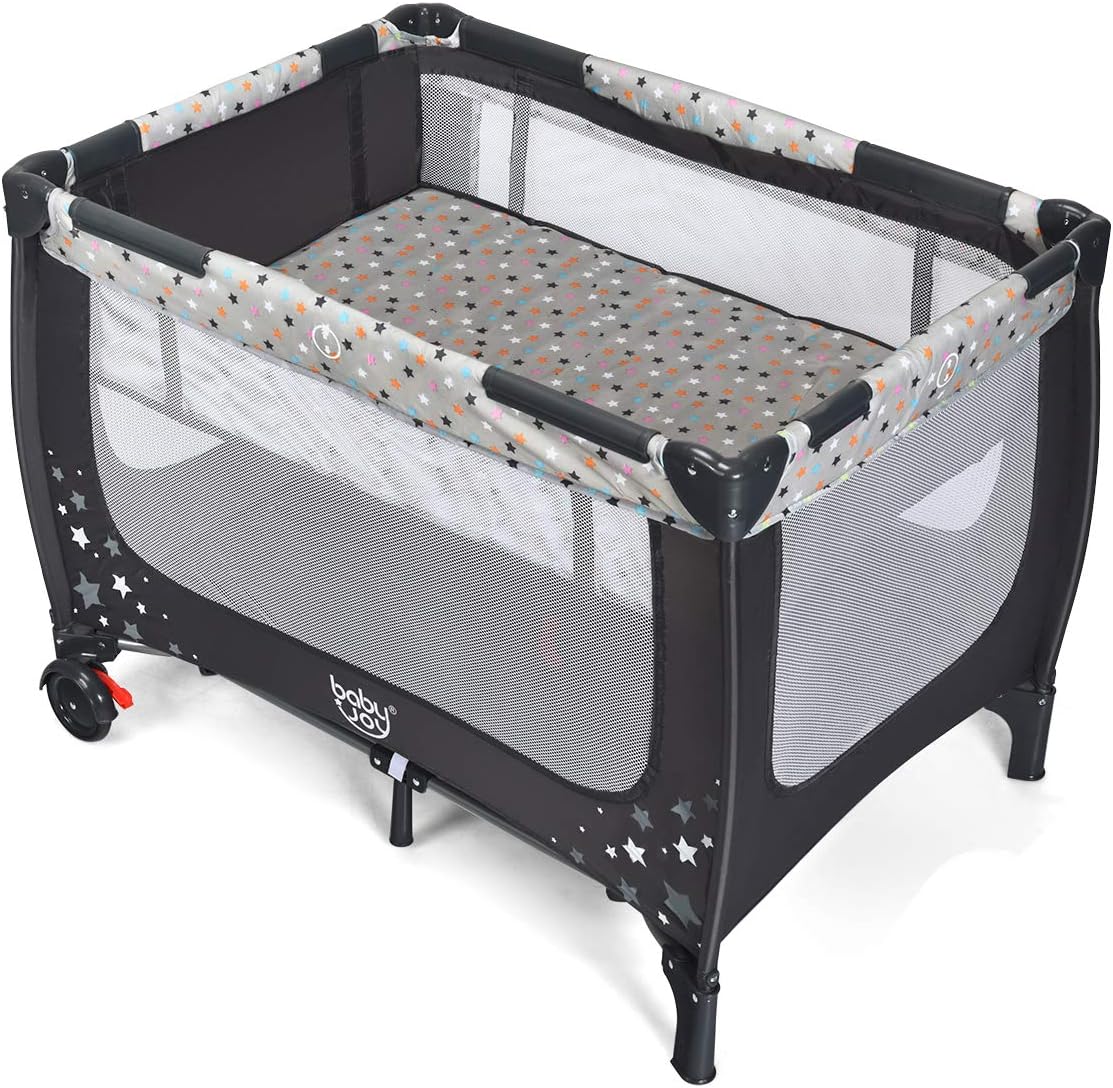 HONEY JOY Pack and Play, Foldable Baby Playard with Bassinet, Lightweight Installation-Free Travel Baby Crib from Newborn to Toddlers, Portable Nursery Center w/Lockable Wheels & Carry Bag(Gray)