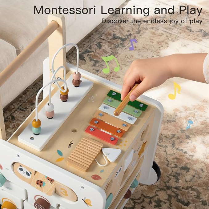 Wooden Baby Walker, Activity Cube Push Walker for Boys and Girls, Toddler Montessori Learning to Walk Toy with Adjustable Speed