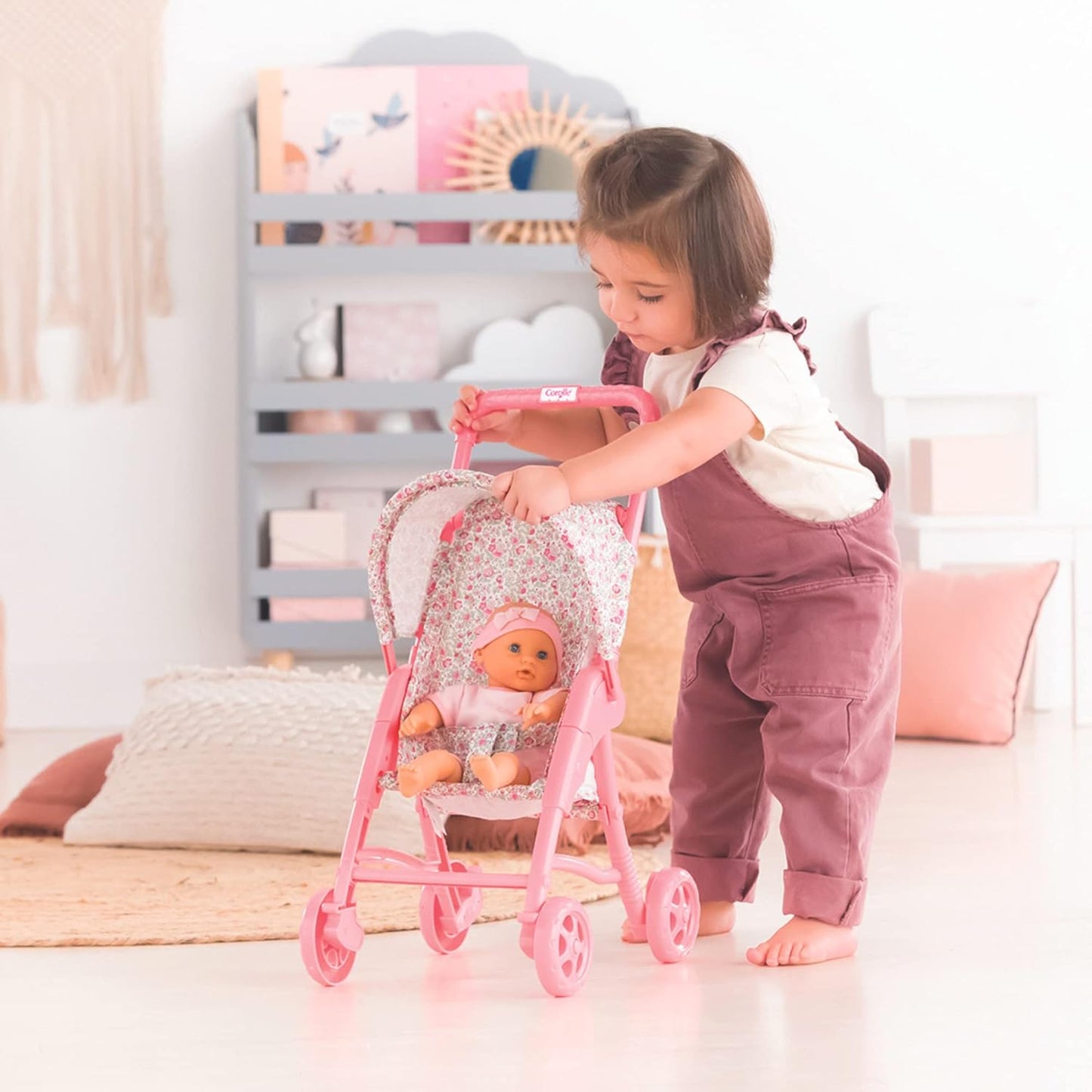 Corolle Mon Premier Poupon Foldable Baby Doll Stroller Set - Lightweight Toy Stroller for Toddlers 1-3 - Pink & White Doll Carriage for 12 Inch Dolls