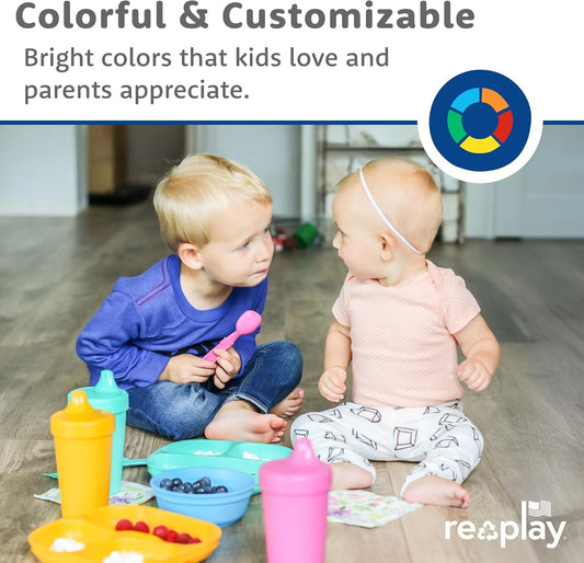 Re-Play Toddler Plates with Dividers - Deep-Walled 3 Compartments Divided Plates for Kids - Dishwasher & Microwave Safe - Made in USA - Set of 3-7.37" x 7.37" x 1.25" - Beach Baby