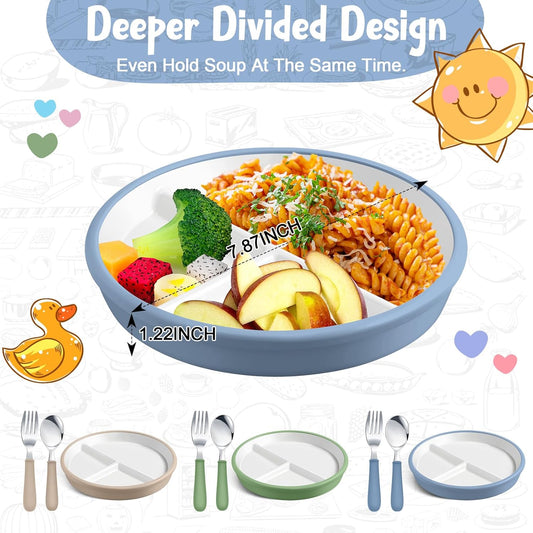 Teenyyou 3 Pack 8" Large Porcelain Toddler Plates Feeding Set, Ceramic Kids Suction Plates with Anti Slip Silicone Sleeve for Baby 3 Spoons and Forks Divided Kids (Blue,Green,Beige)