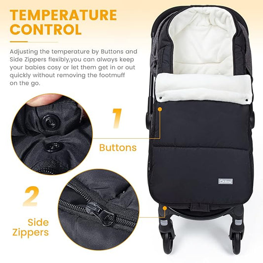 Orzbow Footmuff for Stroller, Weatherproof Anti-Kick Universal Toddler Sleeping Bag,Removable Warm Coral Fleece Lined Stroller Bunting Bag Footmuff(Black)